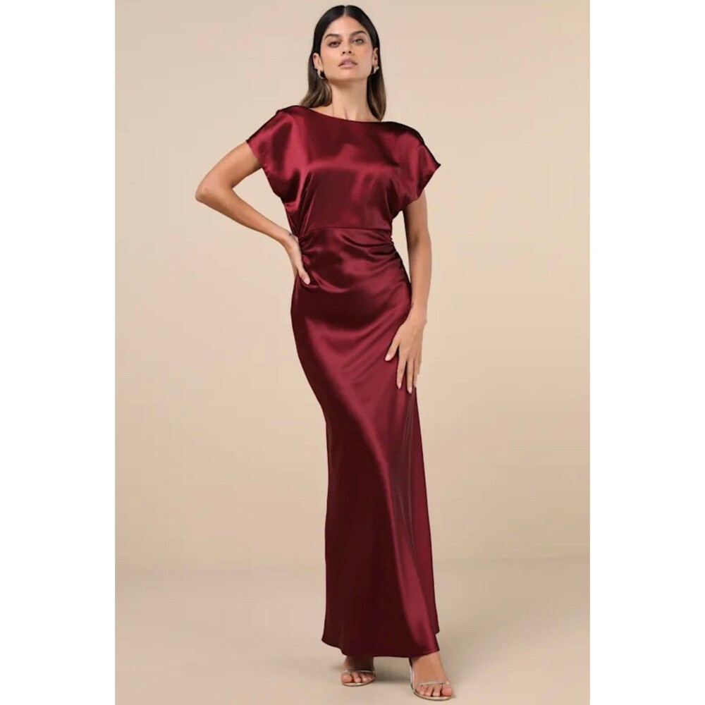 Lulus Captivating Presence Wine Red Satin Cowl Back Maxi Dress Large NWT
